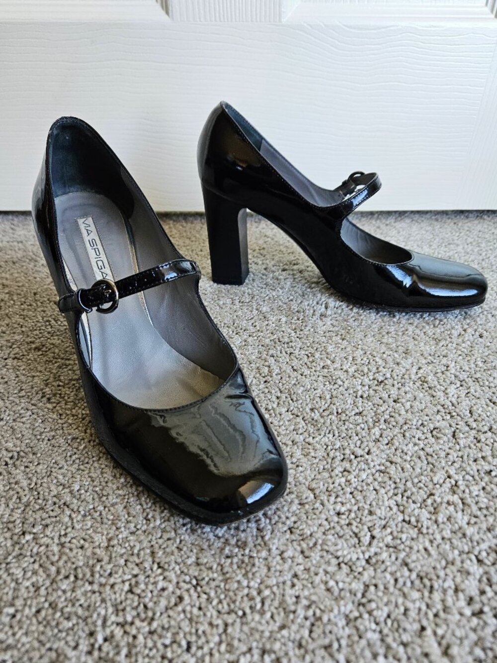 Via Spiga Black Patent Mary Jane Block Heel Pump 8M Italy